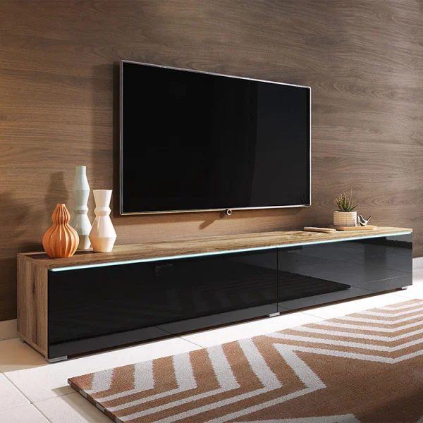 Mobile porta tv sospeso 180x30cm con LED nero lucido rovere Silvia