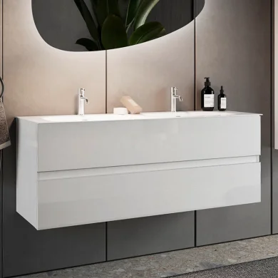 Mobile bagno sospeso 120x51cm con doppio lavabo bianco lucido Moon