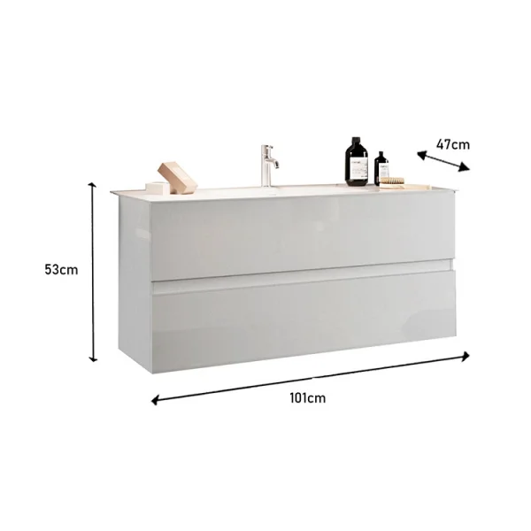 Mobile bagno sospeso 100x121cm con lavabo e specchio bianco lucido Moon