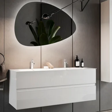 Mobile bagno sospeso 120x121cm con doppio lavabo e specchio bianco lucido Moon