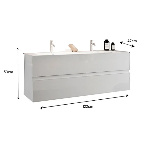 Mobile bagno sospeso 120x121cm con doppio lavabo e specchio bianco lucido Moon