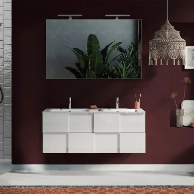 Mobile bagno sospeso 120x136cm con specchio e doppio lavabo bianco lucido Obsession