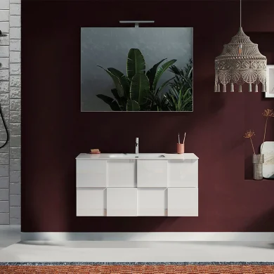 Mobile bagno sospeso 100x136cm con specchio e lavabo bianco lucido Obsession