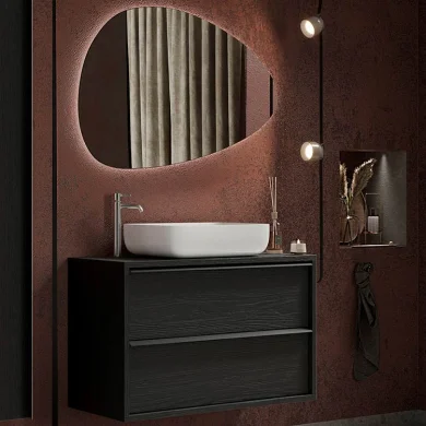 Mobile bagno sospeso 92x134cm con specchio e lavabo nero frassinato Absolut