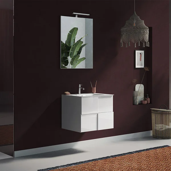 Mobile bagno sospeso  60x136cm moderno con lavabo e specchio bianco lucido Obsession