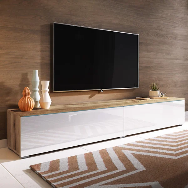 Mobile porta tv sospeso 2 ante design 180x30cm bianco lucido rovere Silvia