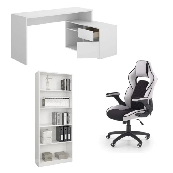 Set arredo ufficio completo moderno scrivania+libreria+sedia gaming bianco nero Blanco