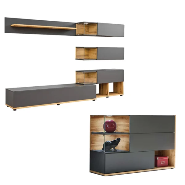 Set soggiorno completo parete attrezzata+credenza rovere antracite Oviedo Gihome®