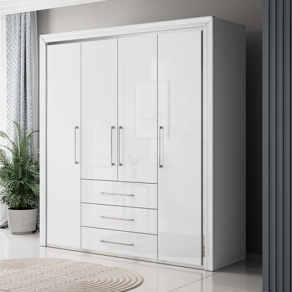 Armadio 199x214h cm 4 ante battenti 3 cassetti moderno bianco Benz