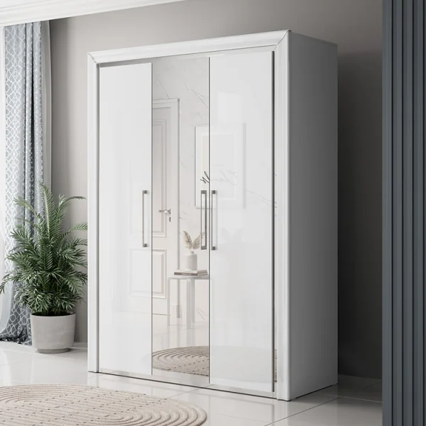 Armadio 155x214h cm 3 ante con specchio moderno bianco Benz