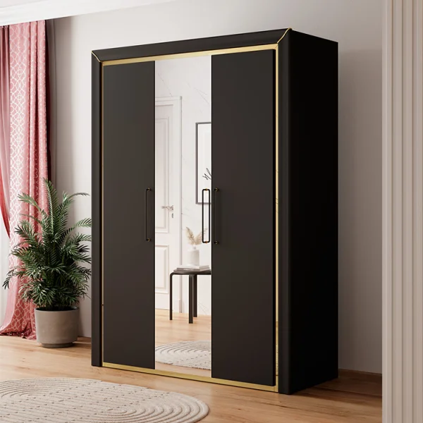 Armadio 155x214h cm 3 ante con specchio modderno nero oro Benz