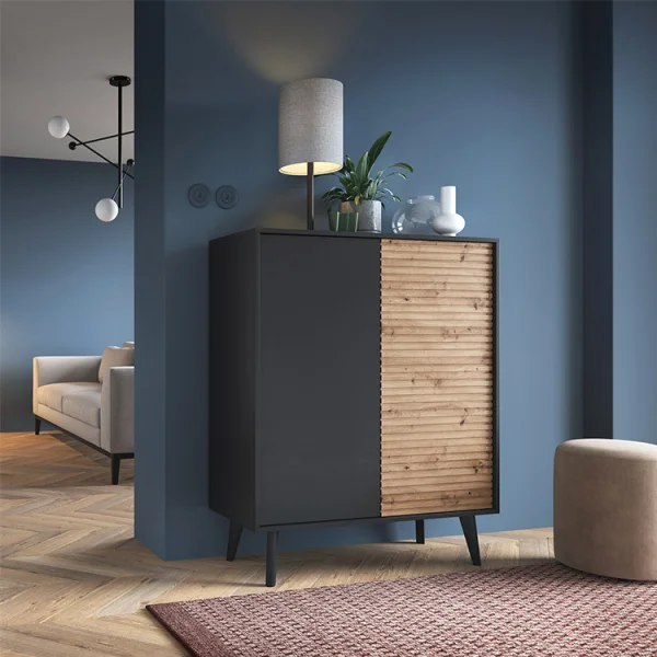 Credenza alta 104x125h cm 2 ante moderna rovere cannettato nero Tonk