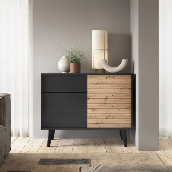 Madia 104x83h cm 3 cassetti moderna rovere cannettato nero Tonk