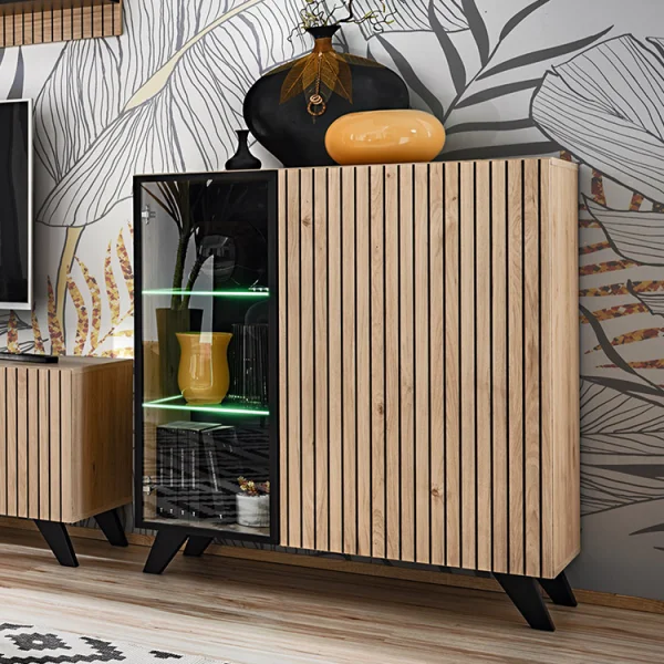 Credenza 90x102h cm 2 ante moderna noce con stampa nera Mendes