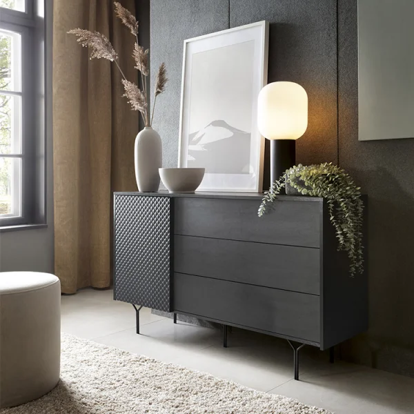 Credenza 144x83h cm 1 anta 3 cassetti moderna antracite frassinato nero Parigi