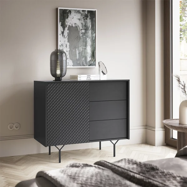 Credenza 97x83h cm 1 anta 3 cassetti  moderna antracite frassinato nero Parigi