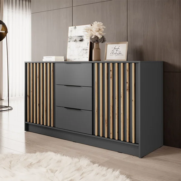 Credenza 155x86h cm 2 ante 3 cassetti soggiorno antracite quercia Miller