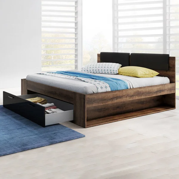 Letto alla francese 140x200cm con cassettone  rovere scuro nero lucido Cortina Gihome®