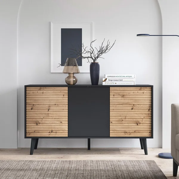 Madia 154x83h cm 3 ante soggiorno design rovere cannettato nero Tonk