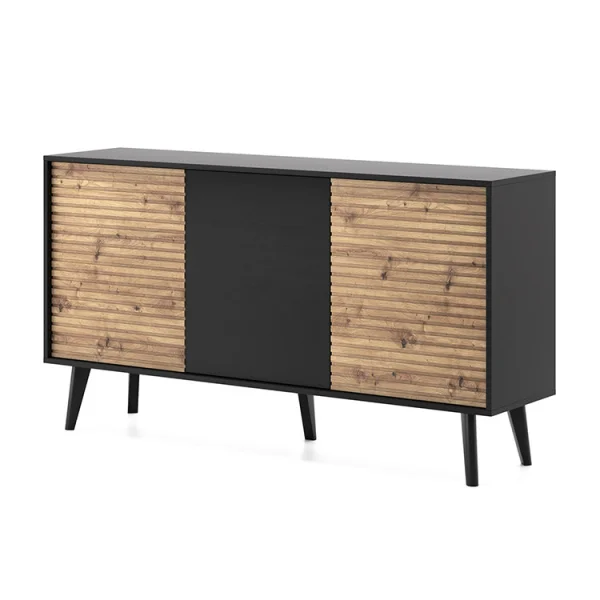 Madia 154x83h cm 3 ante soggiorno design rovere cannettato nero Tonk