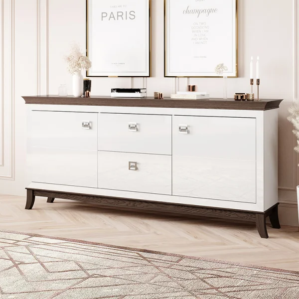 Madia 180x92h cm 2 ante 2 cassetti moderna bianco lucido rovere scuro Umag