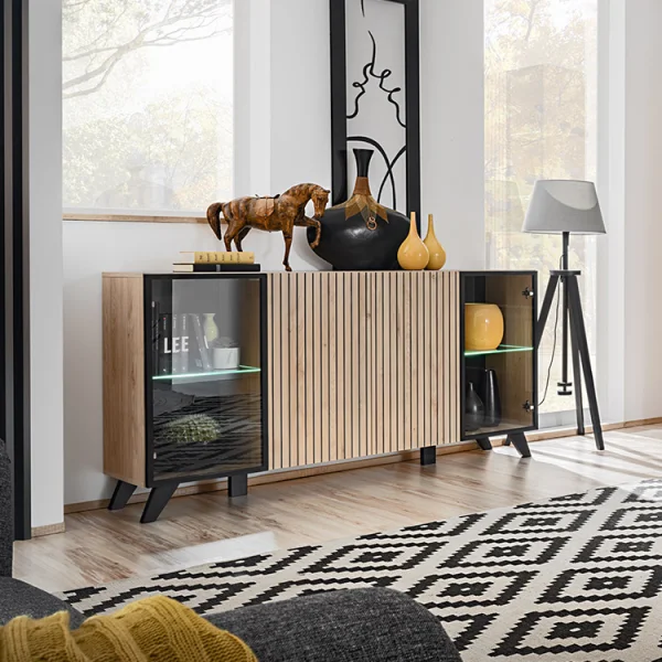 Madia 160x82h cm 4 ante con stampa nera soggiorno noce Mendes