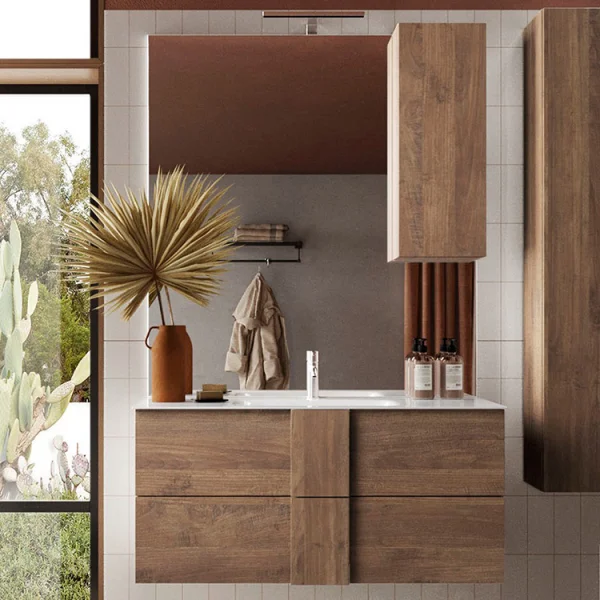 Mobile bagno sospeso 100cm con lavabo e specchio rovere Alvarez