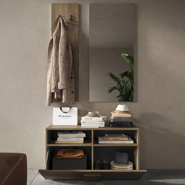 Mobile ingresso 91x174h cm con scarpiera e specchio moderno rovere scuro Alvarez