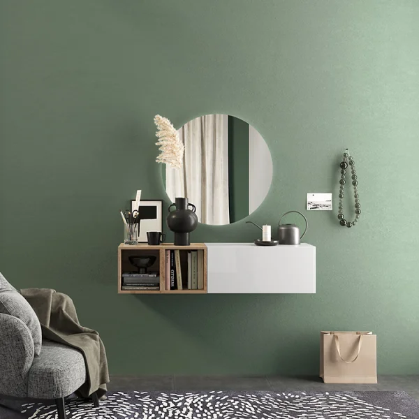 Mobile ingresso sospeso 125x29h cm 1 anta 2 cubotti bianco lucido rovere chiaro Sunset 56