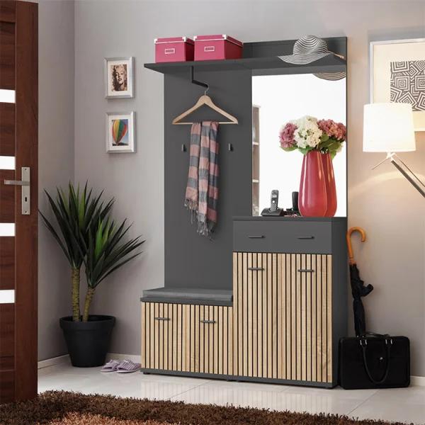 Mobile ingresso 120x203h cm con specchio rovere antracite stampa a righe San Francisco Gihome®