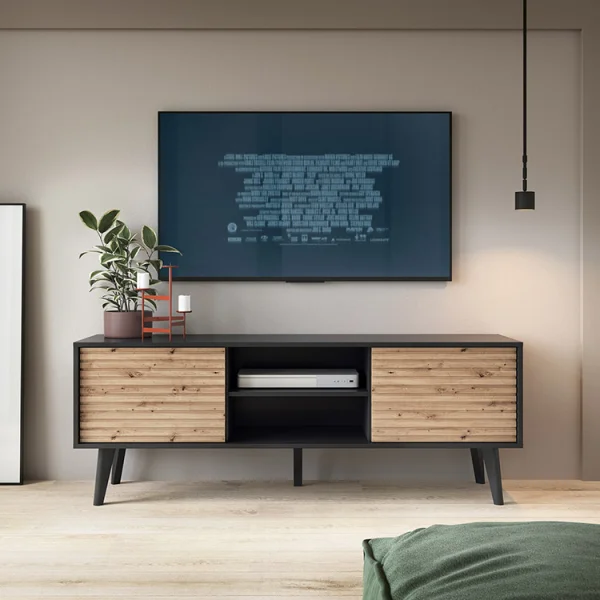 Mobile porta tv 154x56cm design moderno rovere cannettato nero Tonk