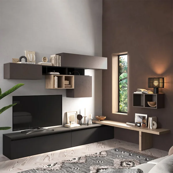 Parete attrezzata angolare 276x190h cm marrone ossido nero rovere Sunset 45
