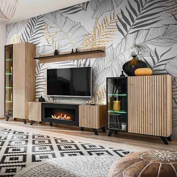 Parete attrezzata con biocamino 340x192h cm noce con stampa nera Mendes