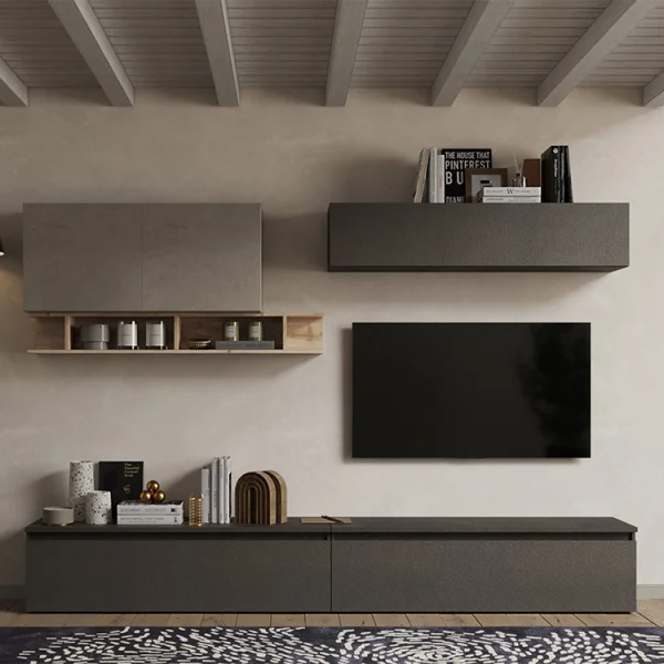 Parete attrezzata 276x190h cm design tortora rovere ossido nero Sunset 27
