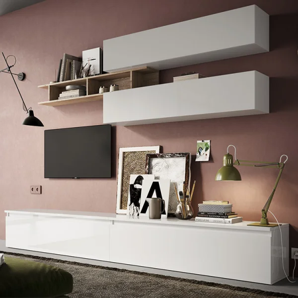 Parete attrezzata 276x190h cm design moderno bianco ludico rovere chiaro Sunset 21