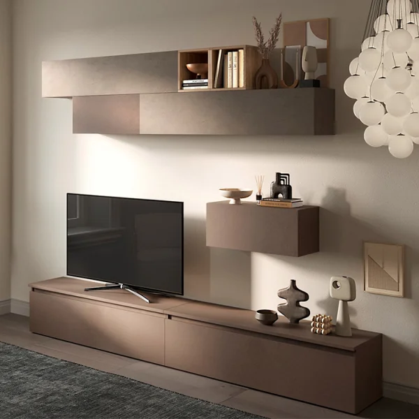 Parete attrezzata 276x190h cm design moderno tortora marrone rovere Sunset 42