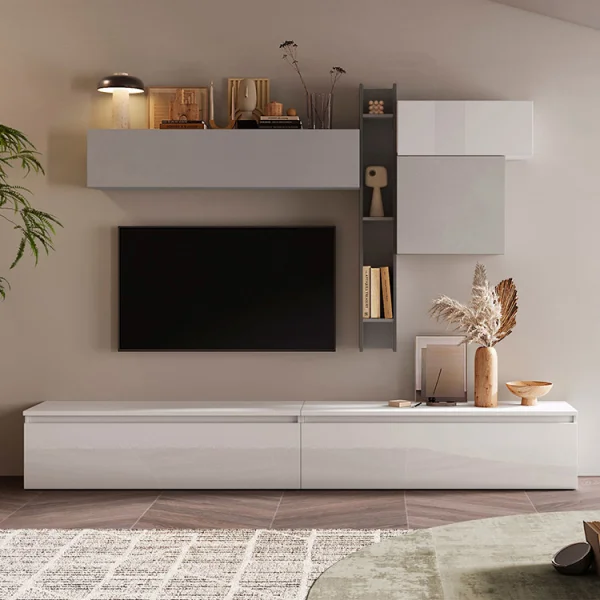Parete attrezzata 276x200h cm design moderno grigio bianco lucido Sunset 29