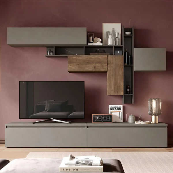 Parete attrezzata 276x210h cm design moderno tortora marrone bronzo rovere scuro Sunset 5