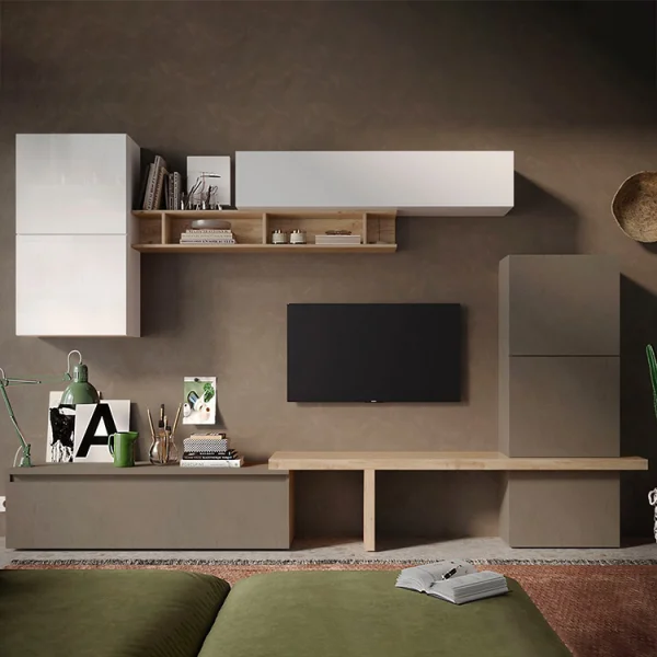 Parete attrezzata 320x195h cm design moderno bianco rovere marrone Sunset 19
