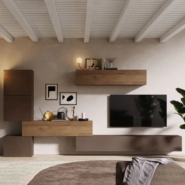 Parete attrezzata 340x185h cm design moderno marrone bronzo rovere scuro Sunset 14