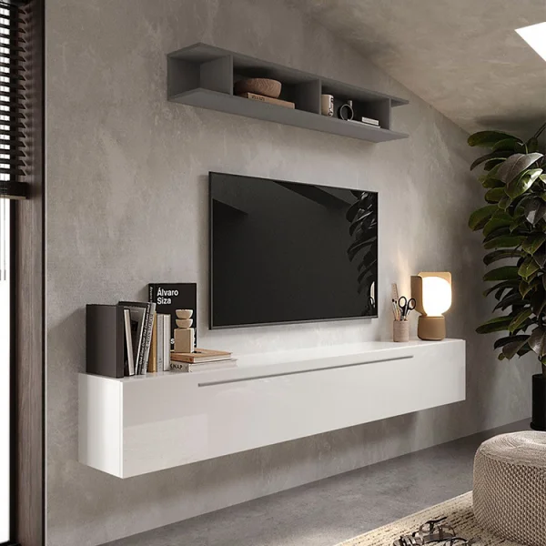 Parete attrezzata sospesa 210x180h cm moderna grigio bianco lucido Sunset 48