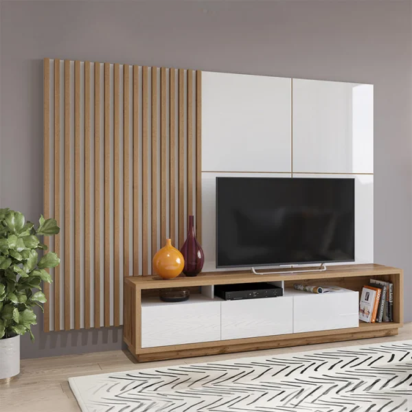 Parete attrezzata 251x196h cm moderna bianco lucido rovere Favorita