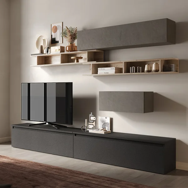 Parete attrezzata 276x190h cm moderna antracite rovere scuro Sunset 39