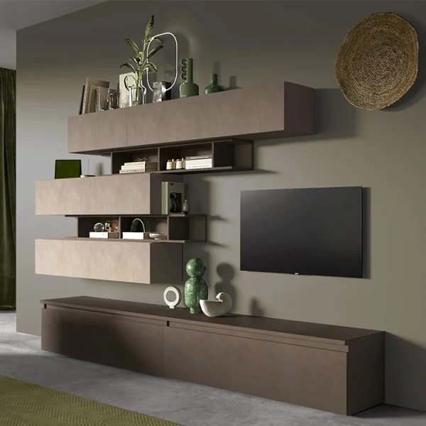 Parete attrezzata 276x190h cm moderna tortora marrone bronzo Sunset 26