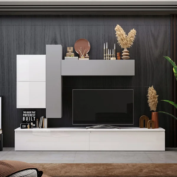 Parete attrezzata 276x210h cm moderna bianco lucido grigio chiaro Sunset 7