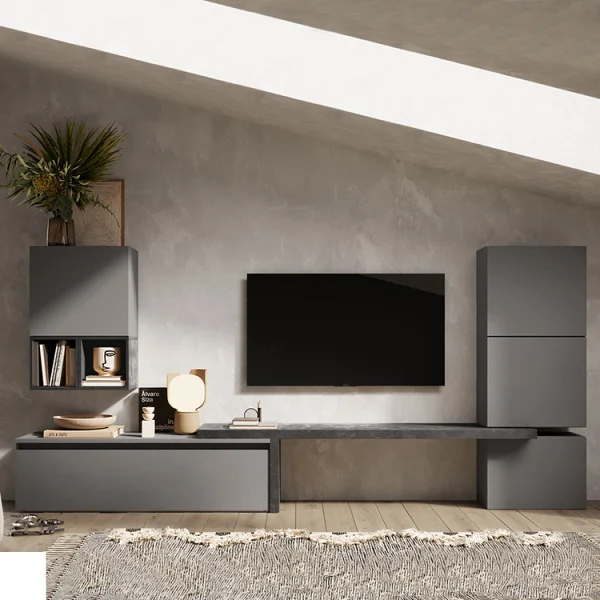 Parete attrezzata 322x140h cm moderna grigio scuro antracite Sunset 18