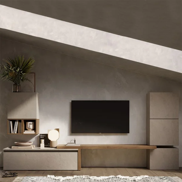 Parete attrezzata 322x140h cm moderna tortora rovere scuro Sunset 18