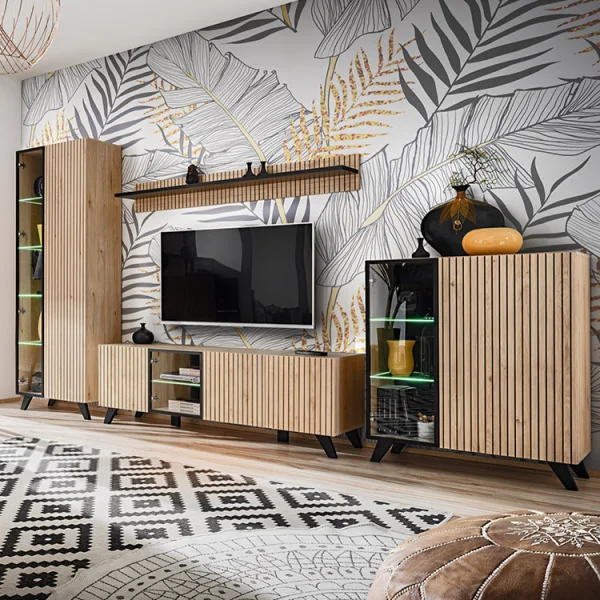 Parete attrezzata 340x192h cm moderna noce con stampa nera Mendes 2