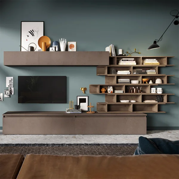 Parete attrezzata 345x170h cm moderna rovere marrone bronzo Sunset 13