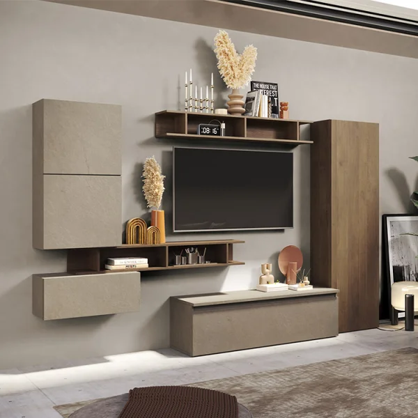 Parete attrezzata 295x186h cm salvaspazio moderna tortora rovere scuro Sunset 38